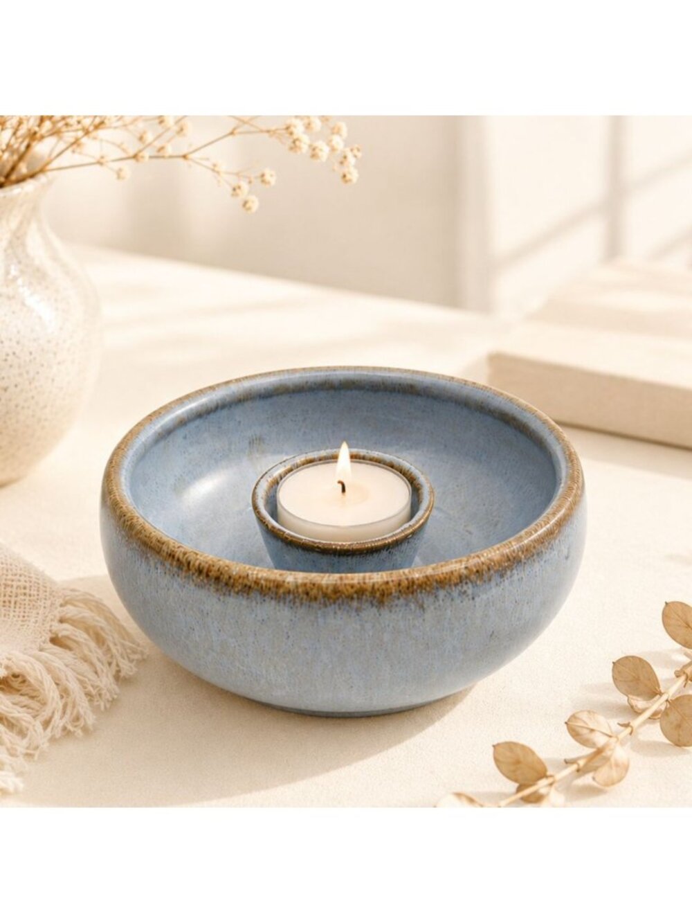 Handcrafted Blue Ceramic Tealight Candle Holder With Rustic Glaze Finish Signed